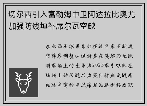 切尔西引入富勒姆中卫阿达拉比奥尤加强防线填补席尔瓦空缺