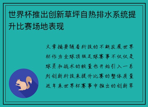 世界杯推出创新草坪自热排水系统提升比赛场地表现