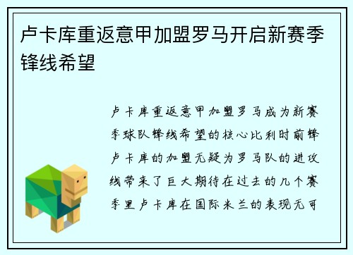 卢卡库重返意甲加盟罗马开启新赛季锋线希望
