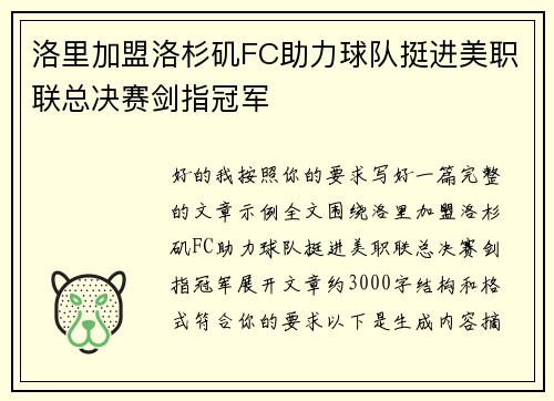 洛里加盟洛杉矶FC助力球队挺进美职联总决赛剑指冠军