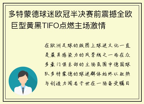 多特蒙德球迷欧冠半决赛前震撼全欧 巨型黄黑TIFO点燃主场激情